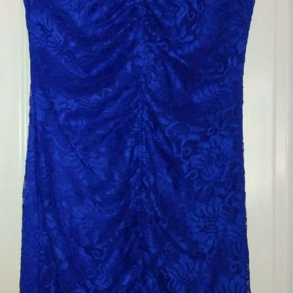 Thalia Sodi Royal Blue Lace Ruched Dress Short Sleeve Size Large NWT - Picture 3 of 12